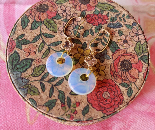 Opalite earrings displayed on floral patterned round case