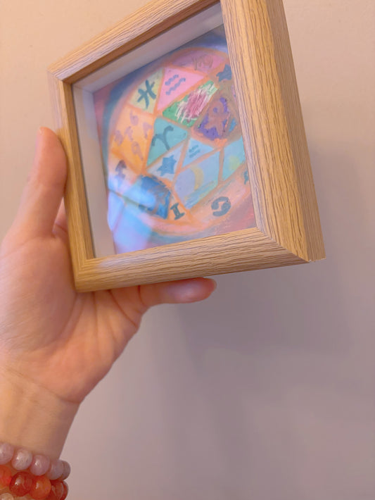 Small framed abstract painting held in hand showing size and scale