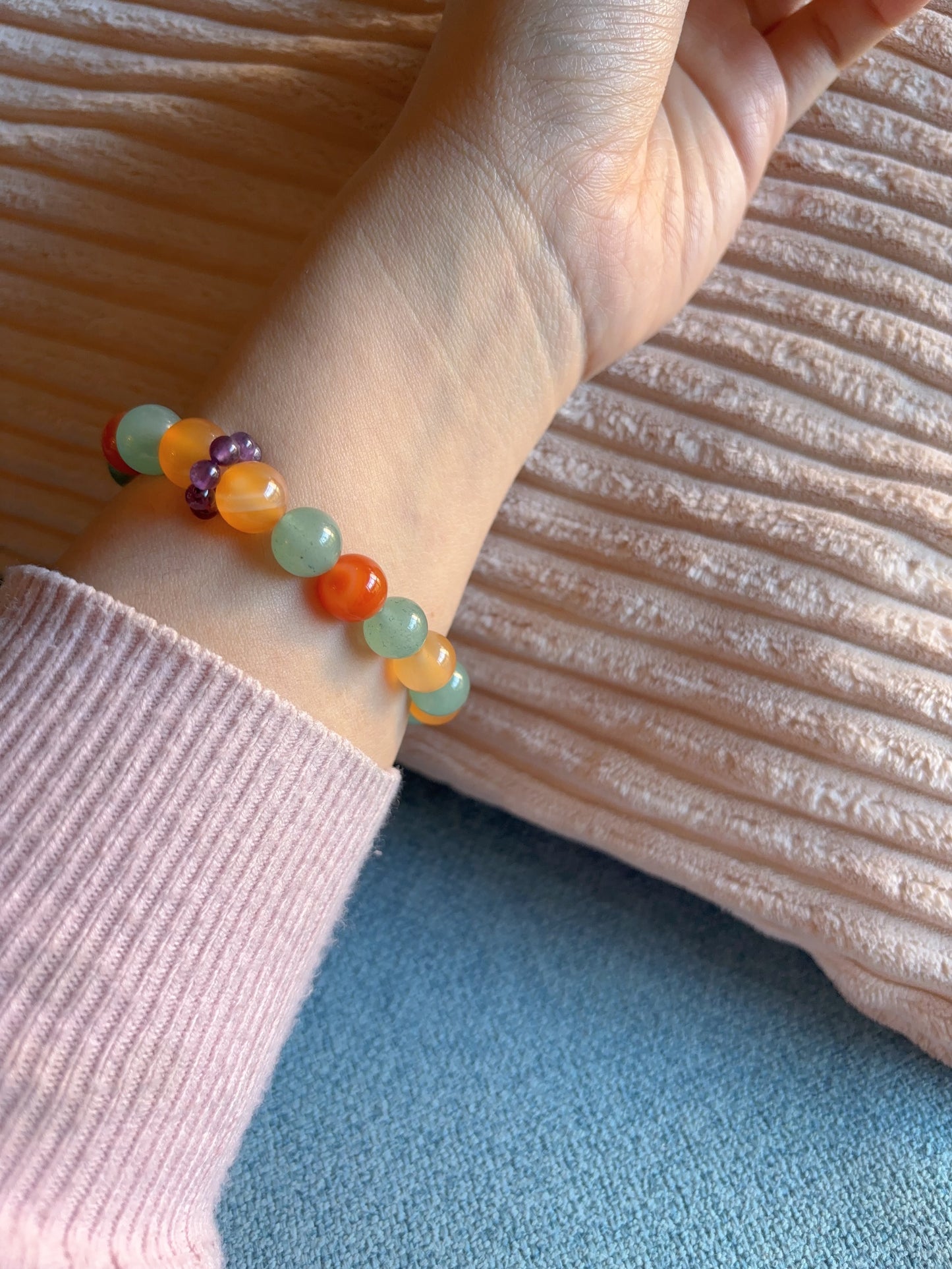 aventurine and agate bracelet lifestyle shot calm everyday crystal jewelry soft tones