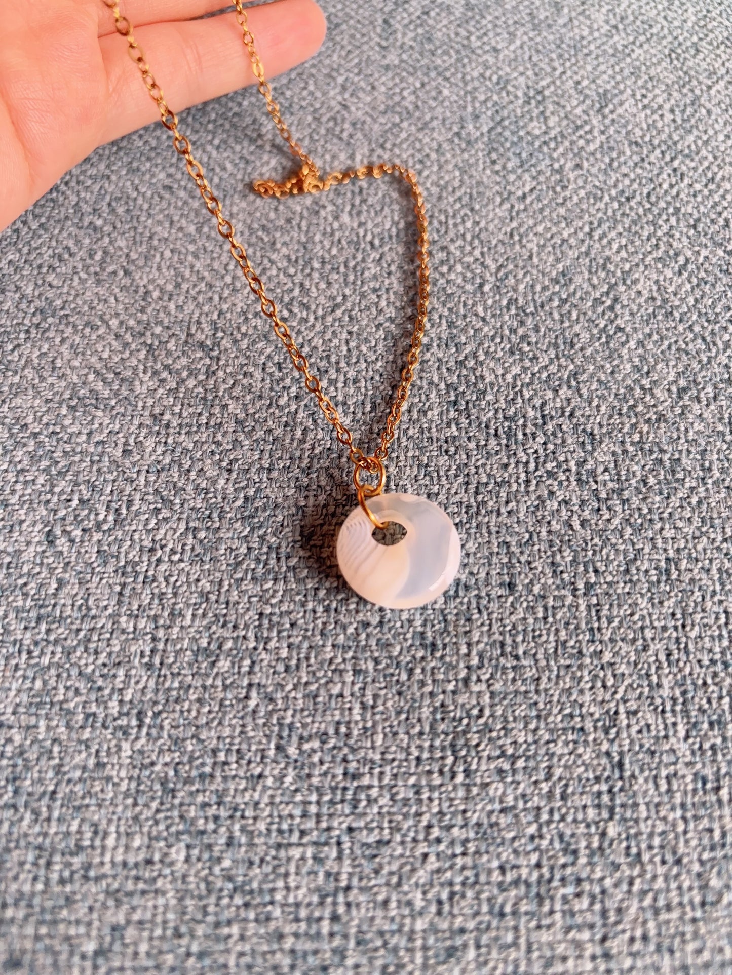Opalite Earrings & Striped Agate Necklace Set — Gold Clip-On Earrings & 45cm Crystal Pendant Necklace