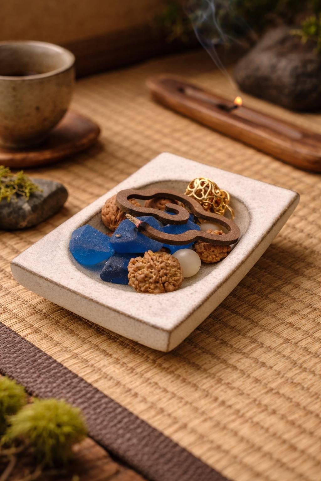 Agarwood incense placed on ceramic holder creating a peaceful ritual setting