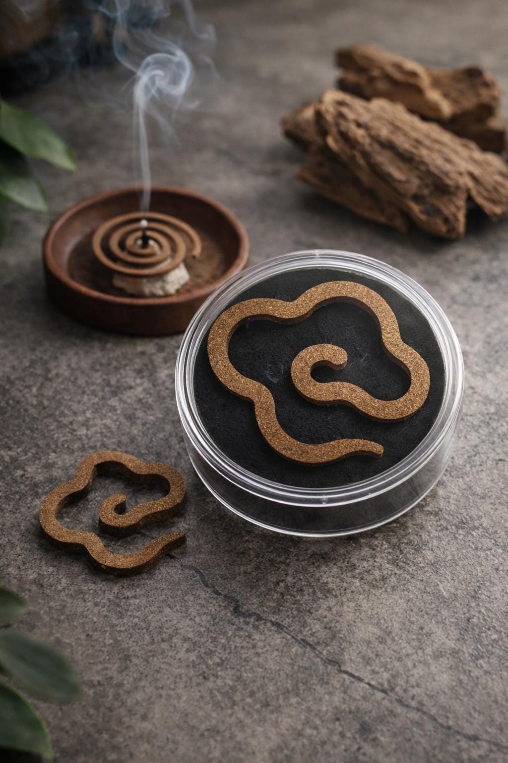Cloud-shaped agarwood incense burning with soft smoke for calm and space purification