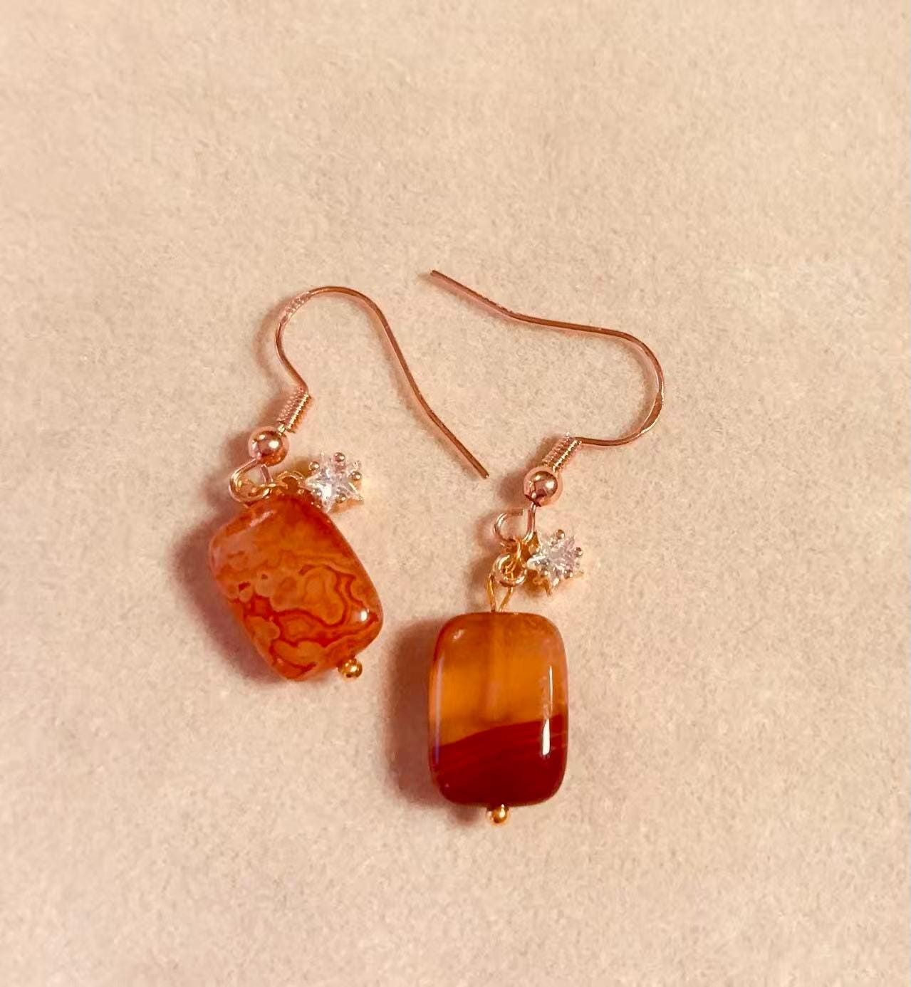 Handmade red agate drop earrings with cubic zirconia accent and gold plated hooks