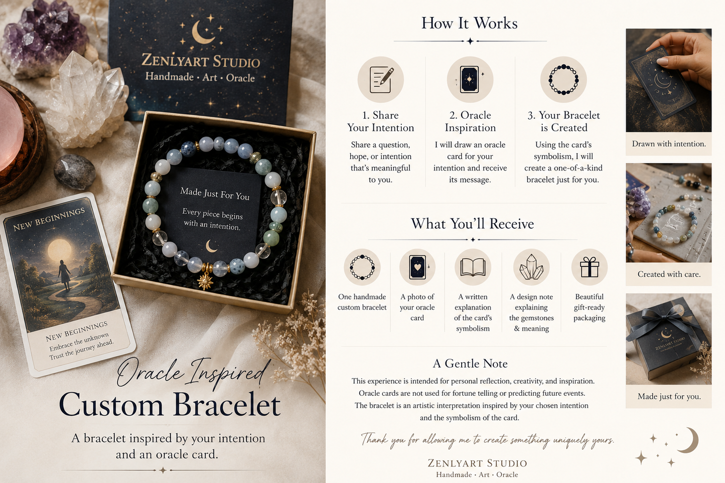 How the Oracle Inspired Custom Bracelet experience works, from sharing your intention to receiving a personalized handmade gemstone bracelet.