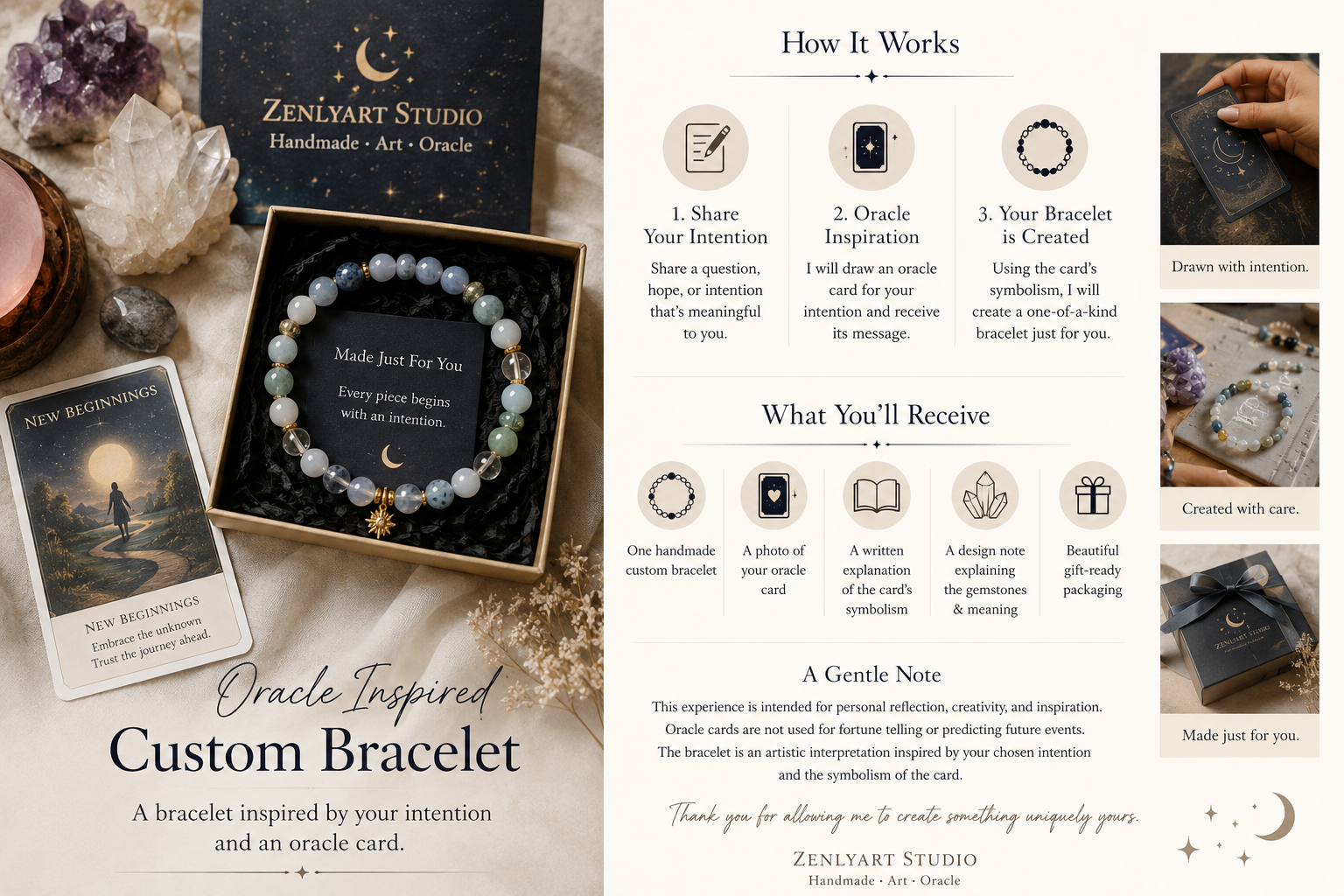 How the Oracle Inspired Custom Bracelet experience works, from sharing your intention to receiving a personalized handmade gemstone bracelet.