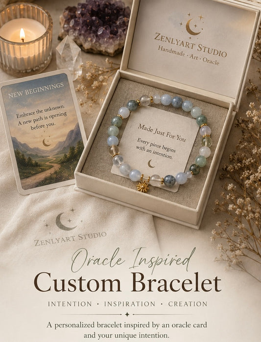 Oracle Inspired Custom Bracelet in gift-ready packaging with personalized oracle card and gemstone bracelet handcrafted by Zenlyart Studio.
