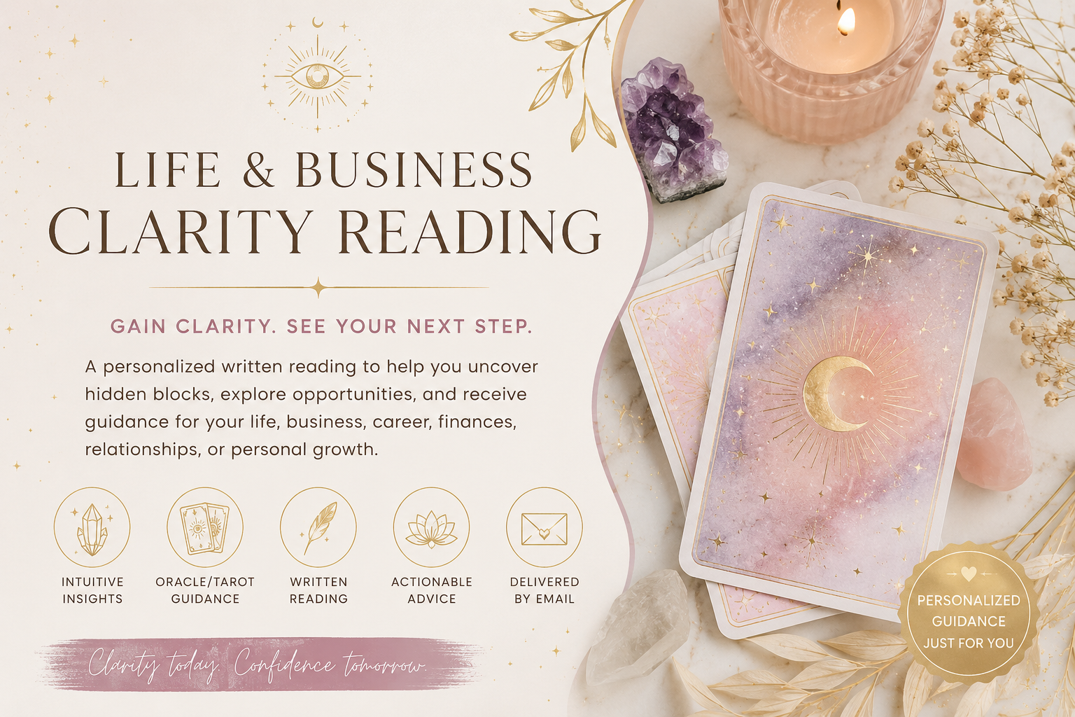 Life & Business Clarity Reading intuitive guidance consultation with tarot cards, crystals, and personalized written insights