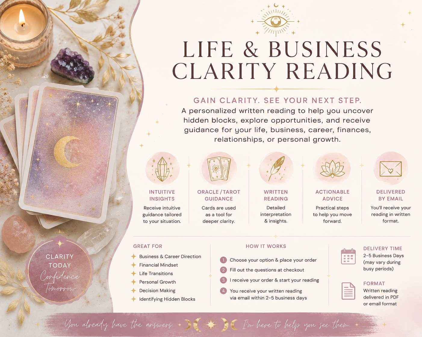 Personalized life and business clarity reading including intuitive guidance, tarot insights, and written interpretation
