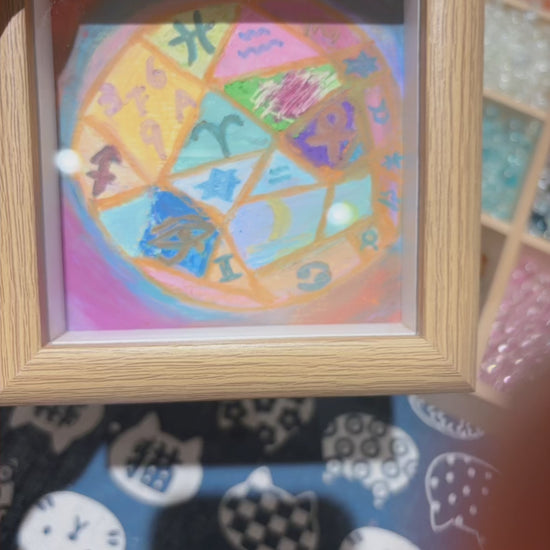 Video preview of small framed intuitive abstract artwork with colorful details
