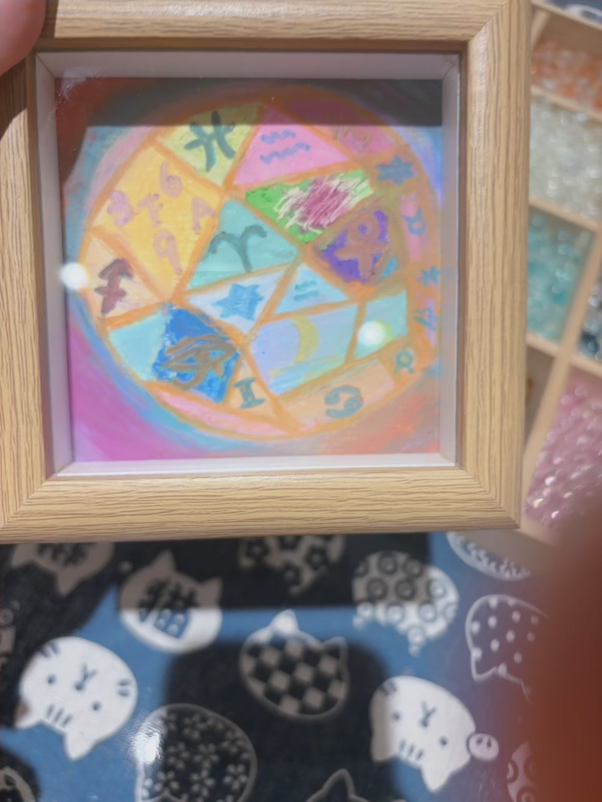 Video preview of small framed intuitive abstract artwork with colorful details