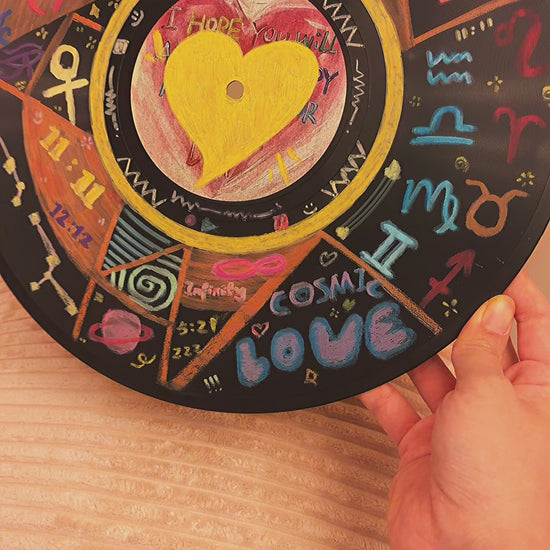 Hand-painted zodiac vinyl record art featuring a colorful cosmic wheel with symbols and intuitive design — a unique spiritual and decorative wall piece.