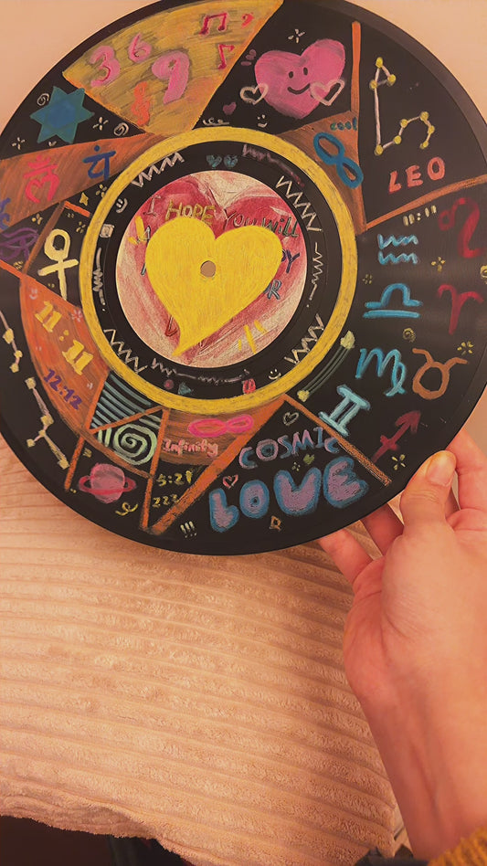 Hand-painted zodiac vinyl record art featuring a colorful cosmic wheel with symbols and intuitive design — a unique spiritual and decorative wall piece.